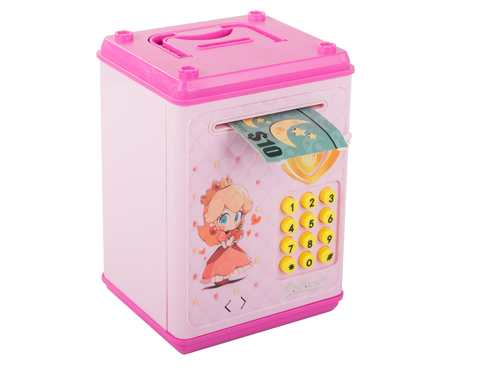 Pusculita tip seif, Zola®, deschidere cu pin, sunete si lumina, plastic, 18 x 10 x 12 cm, roz Pusculita tip seif, Zola®, deschidere cu pin, sunete si lumina, plastic, 18 x 10 x 12 cm, roz